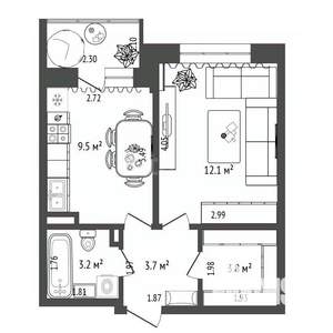 1-к квартира, на длительный срок, 32м2, 5/7 этаж