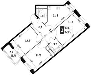 3-к квартира, на длительный срок, 69м2, 13/22 этаж