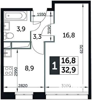 1-к квартира, на длительный срок, 33м2, 5/20 этаж