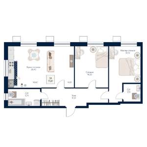 3-к квартира, строящийся дом, 78м2, 8/21 этаж