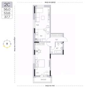 1-к квартира, строящийся дом, 54м2, 7/9 этаж