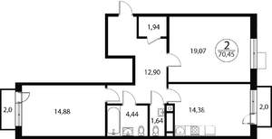 2-к квартира, вторичка, 70м2, 1/4 этаж