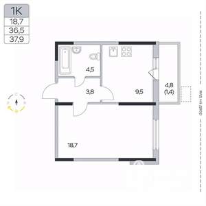 1-к квартира, вторичка, 38м2, 3/9 этаж