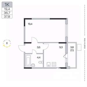 1-к квартира, вторичка, 38м2, 4/9 этаж