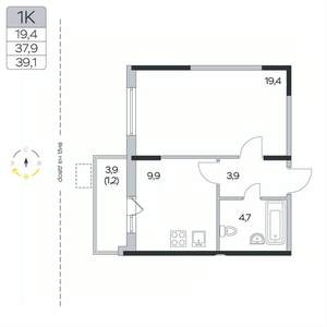 1-к квартира, вторичка, 39м2, 2/9 этаж