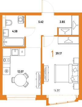 1-к квартира, строящийся дом, 39м2, 10/25 этаж