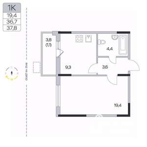 1-к квартира, вторичка, 38м2, 6/9 этаж