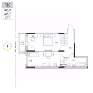 1-к квартира, строящийся дом, 47м2, 8/9 этаж