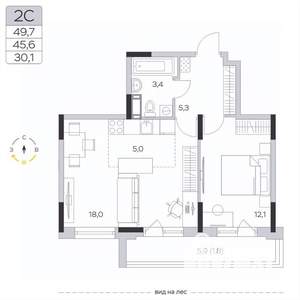 1-к квартира, вторичка, 46м2, 8/9 этаж
