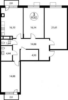 3-к квартира, строящийся дом, 96м2, 4/4 этаж