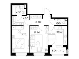 2-к квартира, строящийся дом, 58м2, 16/17 этаж