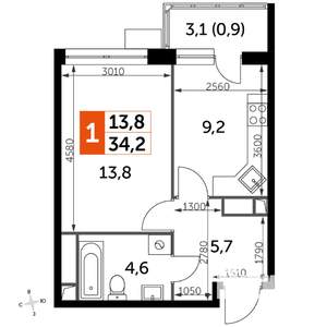 1-к квартира, строящийся дом, 34м2, 7/22 этаж