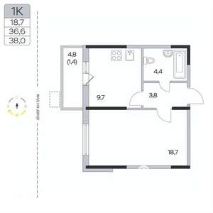 1-к квартира, вторичка, 38м2, 4/9 этаж