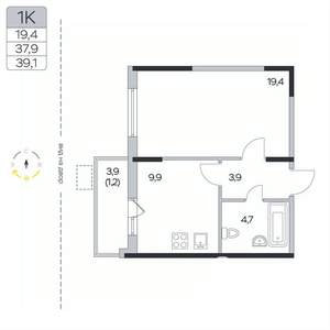 1-к квартира, вторичка, 39м2, 3/9 этаж