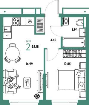 2-к квартира, строящийся дом, 35м2, 13/25 этаж