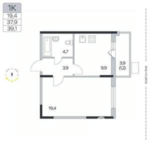 1-к квартира, вторичка, 39м2, 9/9 этаж