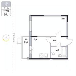 1-к квартира, вторичка, 39м2, 2/9 этаж