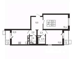 2-к квартира, вторичка, 66м2, 3/9 этаж