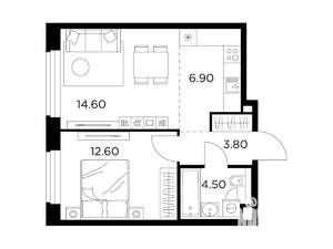 2-к квартира, строящийся дом, 42м2, 14/17 этаж