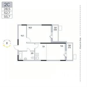 2-к квартира, вторичка, 56м2, 2/9 этаж