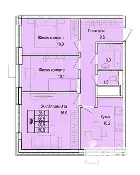 3-к квартира, строящийся дом, 61м2, 4/25 этаж
