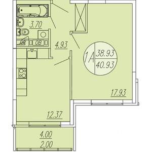 1-к квартира, строящийся дом, 41м2, 4/4 этаж