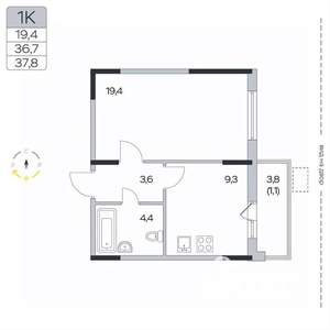 1-к квартира, вторичка, 38м2, 3/9 этаж