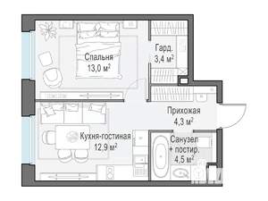 1-к квартира, строящийся дом, 38м2, 11/23 этаж