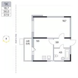 1-к квартира, вторичка, 38м2, 3/9 этаж