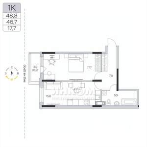 1-к квартира, вторичка, 47м2, 8/9 этаж