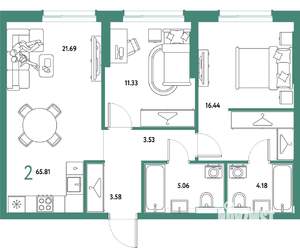 2-к квартира, строящийся дом, 66м2, 5/25 этаж