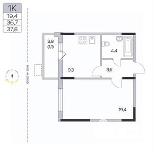 1-к квартира, вторичка, 38м2, 2/9 этаж