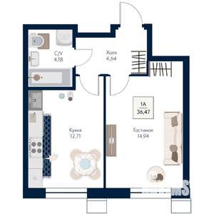 1-к квартира, строящийся дом, 36м2, 8/21 этаж