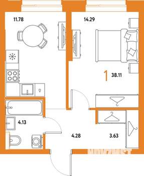 1-к квартира, строящийся дом, 38м2, 4/25 этаж