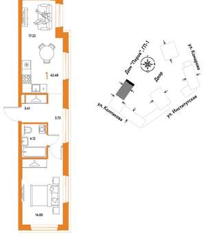 1-к квартира, вторичка, 42м2, 2/6 этаж