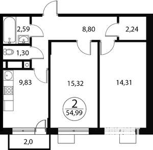 2-к квартира, строящийся дом, 55м2, 1/4 этаж