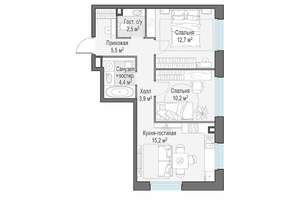 2-к квартира, строящийся дом, 54м2, 14/23 этаж