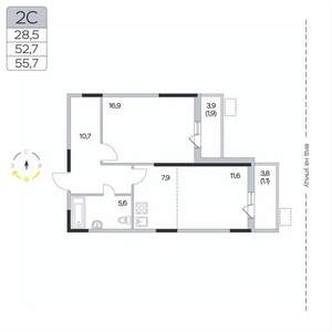 2-к квартира, вторичка, 56м2, 3/9 этаж