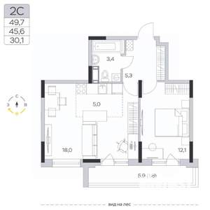 1-к квартира, вторичка, 46м2, 8/9 этаж