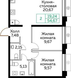 2-к квартира, вторичка, 55м2, 10/25 этаж