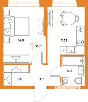 1-к квартира, строящийся дом, 37м2, 6/25 этаж