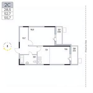 2-к квартира, вторичка, 56м2, 4/9 этаж