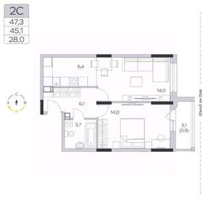 1-к квартира, строящийся дом, 45м2, 2/9 этаж