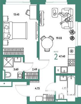 2-к квартира, строящийся дом, 47м2, 15/25 этаж