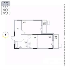 2-к квартира, вторичка, 56м2, 9/9 этаж