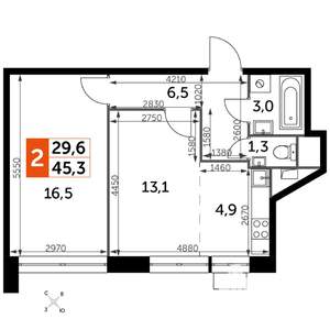 2-к квартира, строящийся дом, 45м2, 10/22 этаж