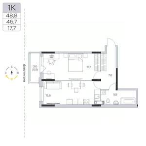 1-к квартира, строящийся дом, 47м2, 7/9 этаж