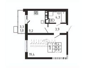 1-к квартира, вторичка, 38м2, 9/9 этаж