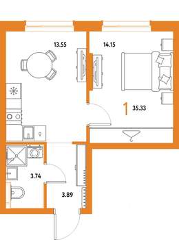 1-к квартира, строящийся дом, 35м2, 19/25 этаж