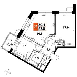 2-к квартира, строящийся дом, 54м2, 9/22 этаж
